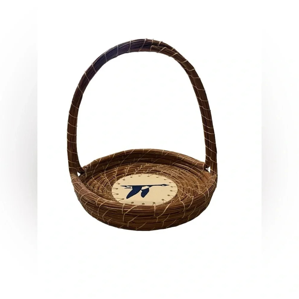Pine Needle Handle Basket With Handpainted Ceramic Bird Plate Bottom Sig…